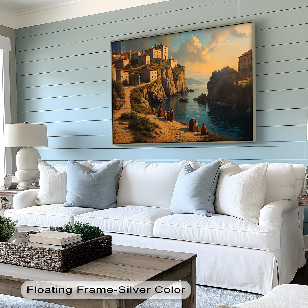 Clifftop Village Serenity – Coastal Sunset Canvas Wall Art | Large Canvas Art