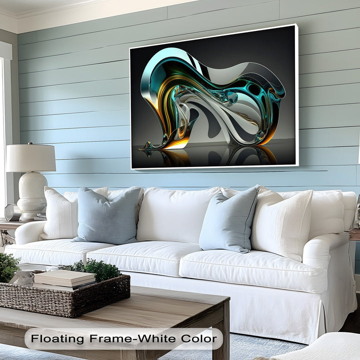 The realistic detail of the aqua glass flow big canvas prints showcases vibrant aqua, gold, and silver abstract forms for modern luxury wall art.