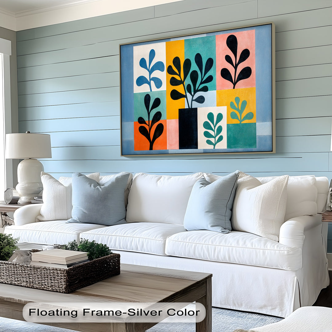 Showcasing a layering effect through geometric panels and minimalist plant shapes, this botanical mid century big canvas prints adds depth to modern wall art.