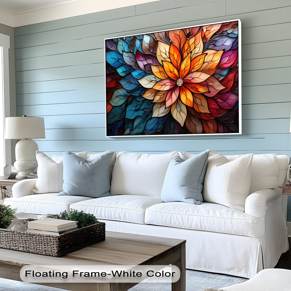 The vibrant color contrast of the stained glass flower canvas artwork features warm orange and red petals against cool blue leaves.