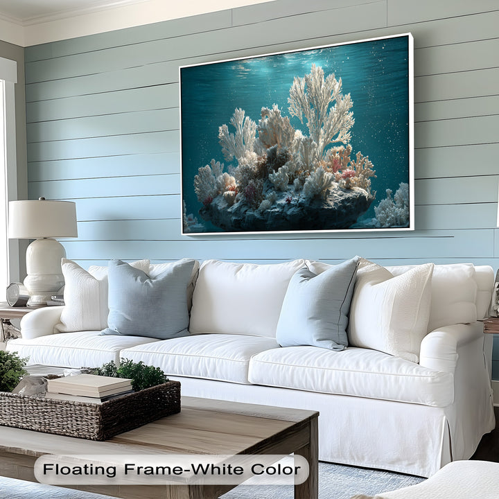 The darkest tones at the base of the majestic white coral reef within the framed canvas portray a mysterious underwater ocean scene.