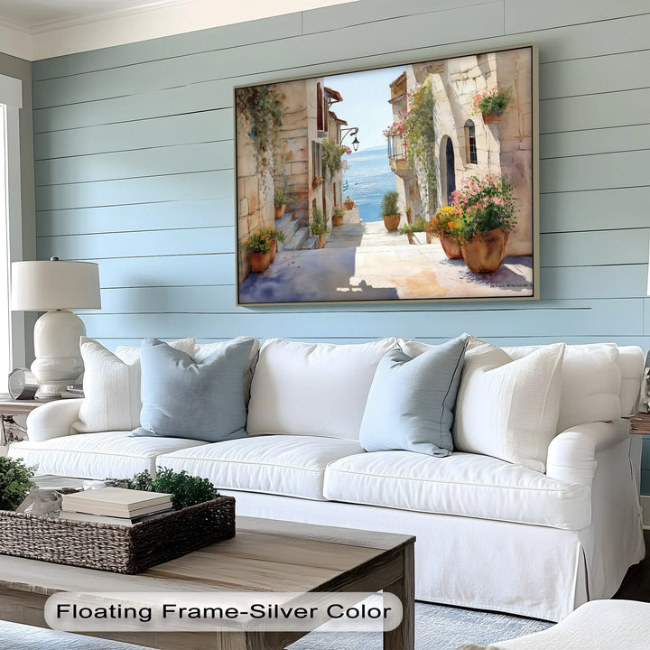 Peaceful coastal town alley canvas picture with blooming pots
