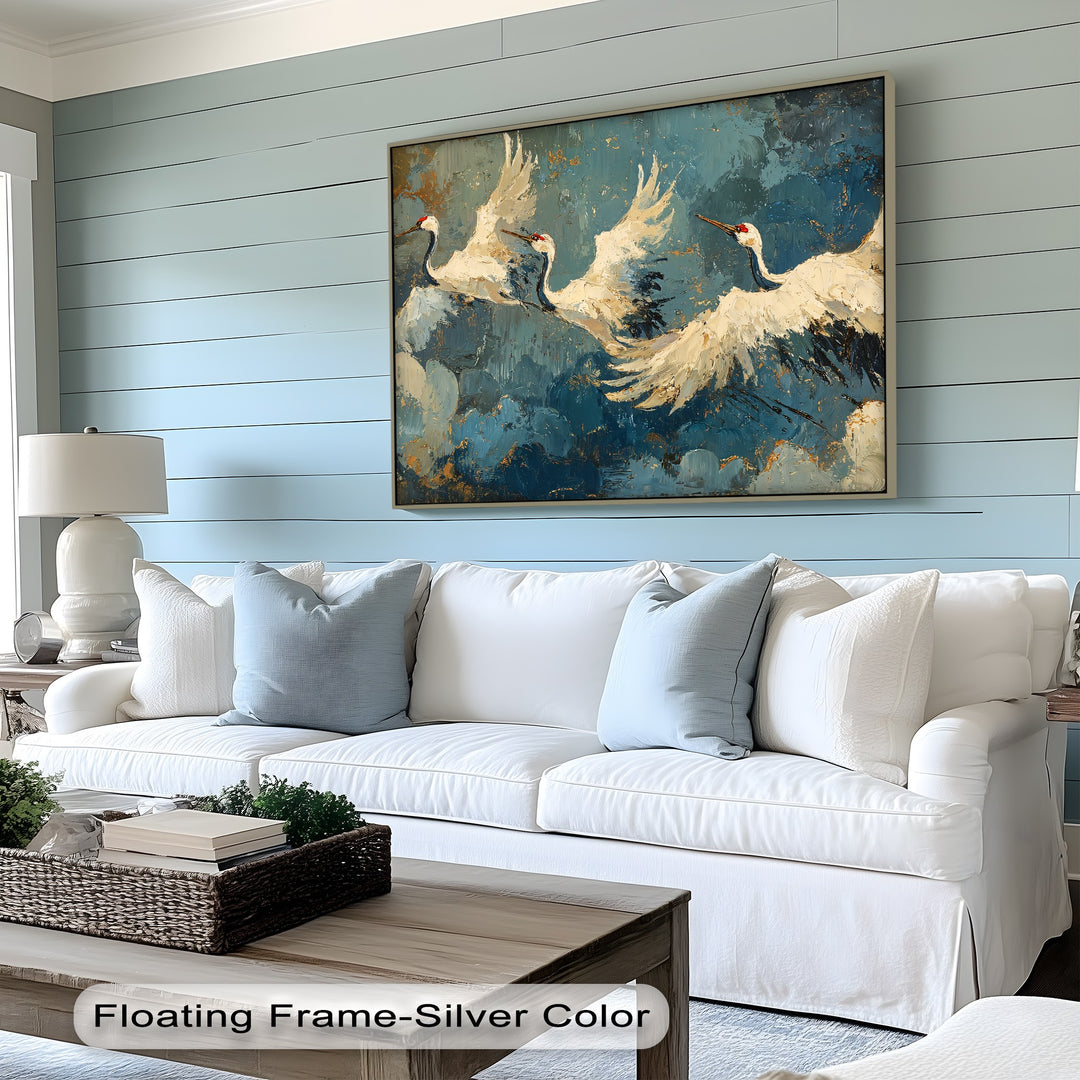 Negative space emphasizes the fluid flight of the cranes in this abstract bird art, a graceful addition to canvas wall decor.