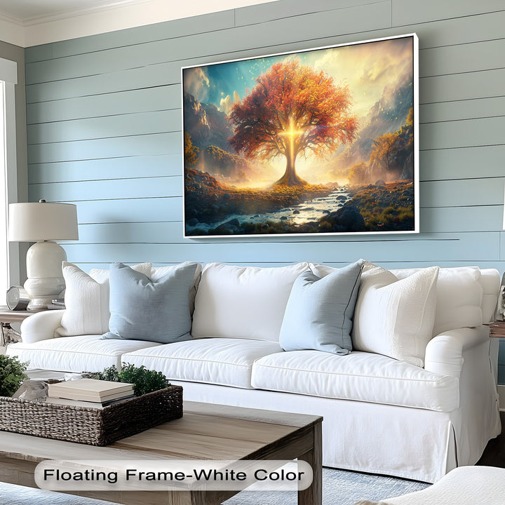 In the foreground, a white sofa and coffee table are visible, setting the scene for the Radiant Autumn Tree big canvas prints.