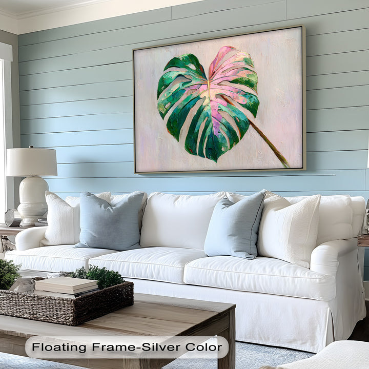 Showcasing the realistic detail of a pink monstera leaf canvas print, this modern tropical botanical wall art offers a textured view reminiscent of brushstrokes in beautiful canvas pictures.