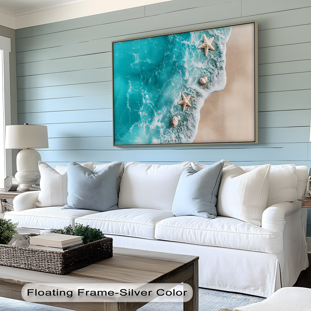 This ocean wave canvas print captures the tranquil beauty of shoreline textures, ideal for beach house decor, coastal bathrooms, or breezy modern spaces.

