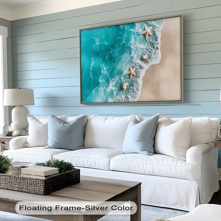 This ocean wave canvas print captures the tranquil beauty of shoreline textures, ideal for beach house decor, coastal bathrooms, or breezy modern spaces.

