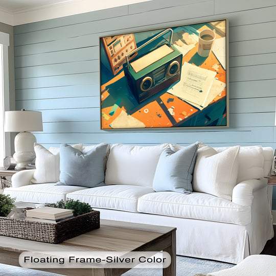 Highlighting the geometric elements, this canvas artwork features a vibrant depiction of a retro desk radio with intersecting planes and bold lines, showcasing distinct canvas artwork.