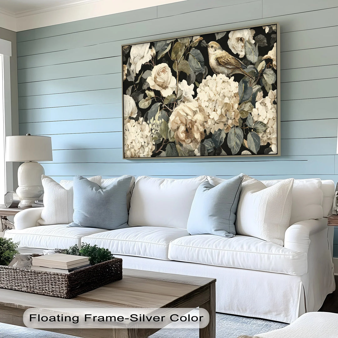 Timeless bird and rose canvas print perfect for traditional or rustic interiors
