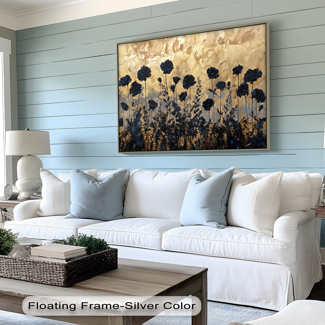 Golden Twilight Meadow – Black Floral Silhouette Canvas Print