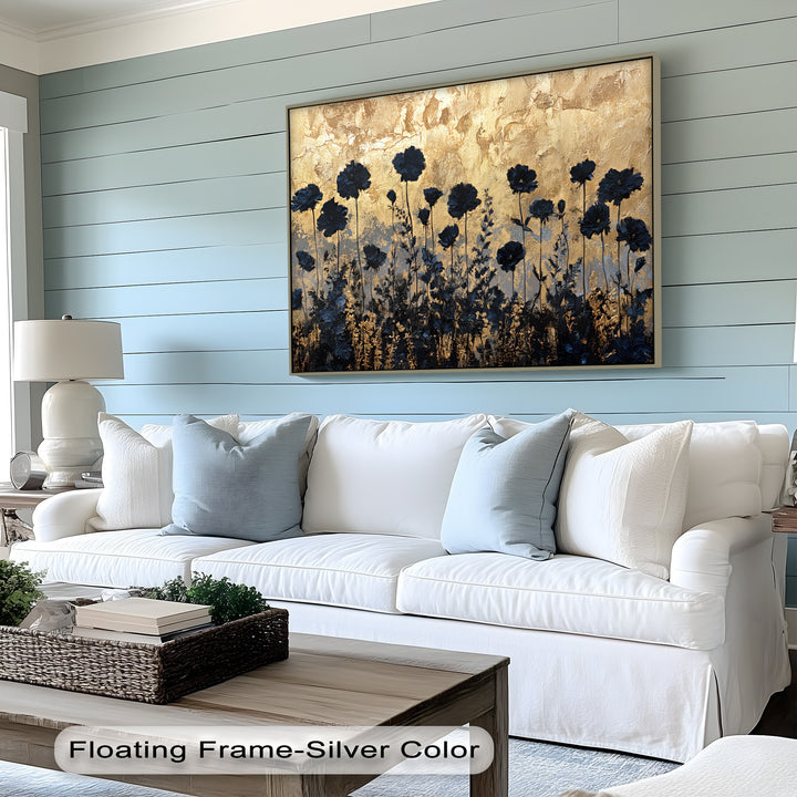 Golden Twilight Meadow – Black Floral Silhouette Canvas Print