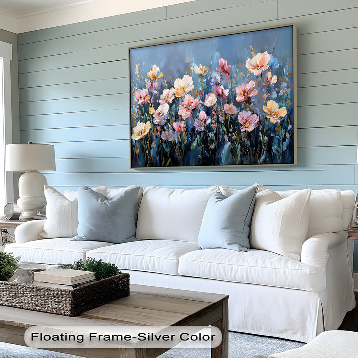 Twilight Bloom – Elegant Garden Flowers on Blue Canvas Print