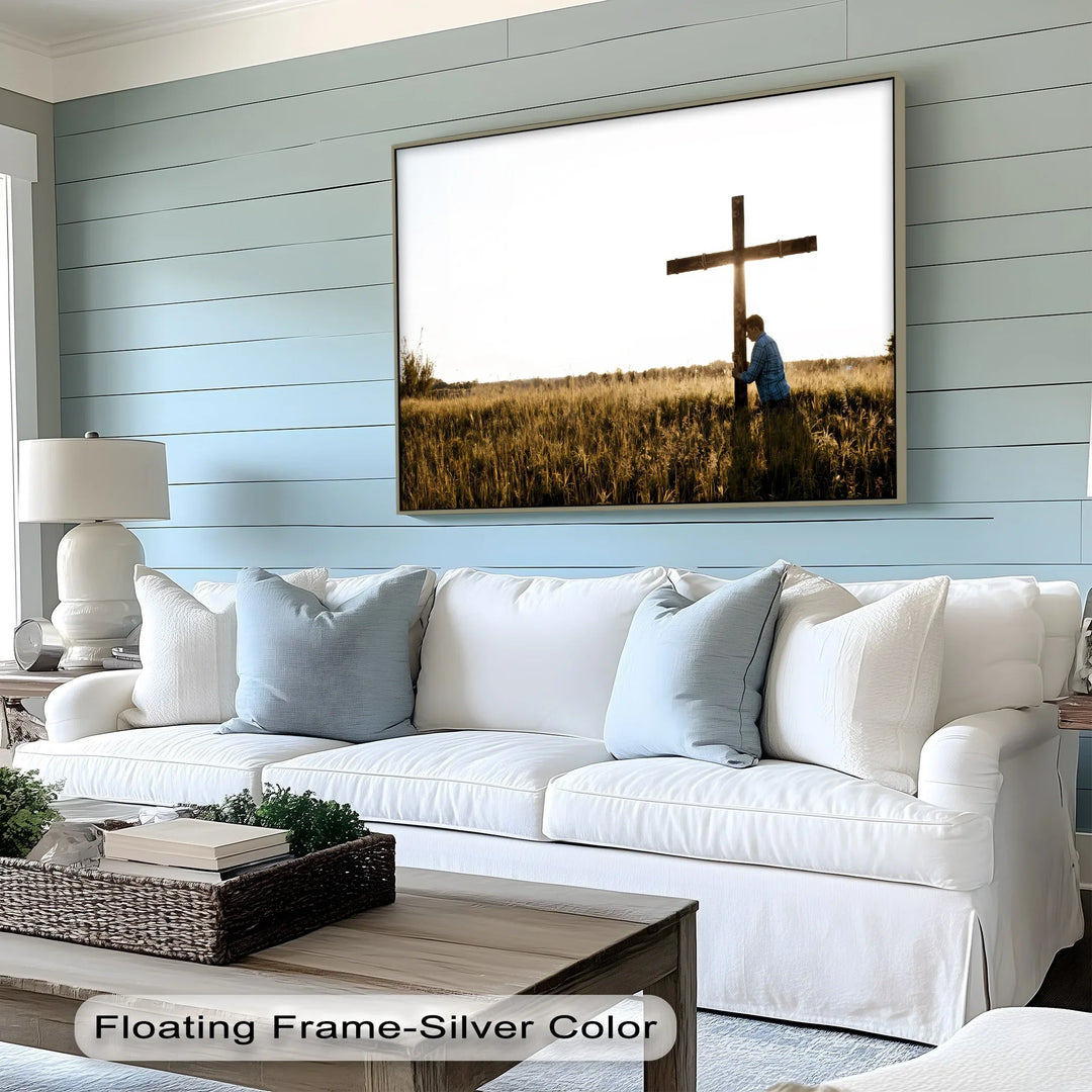 Man Praying by Cross - Jesus Canvas Print