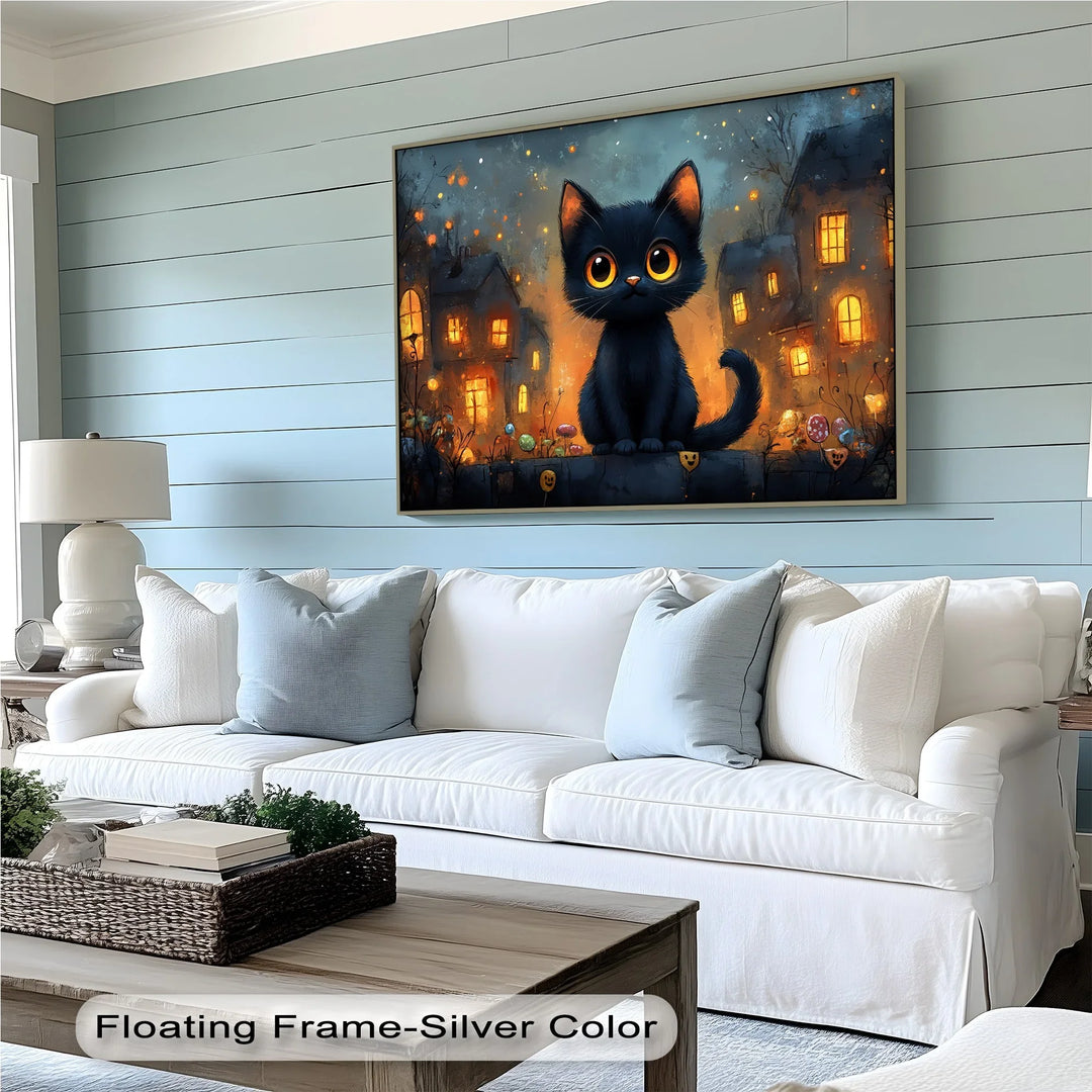 Big-Eyed Black Kitten in a Halloween Town - Cat Canvas Print - MyPhotoStation
