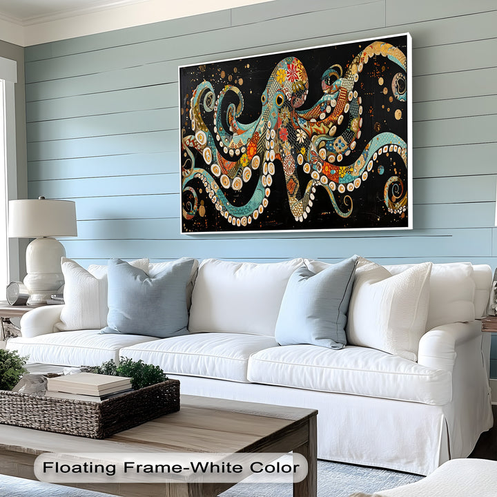 The vibrant, intricate mosaic octopus canvas art prints are the striking focal point on a light blue shiplap wall above a white sofa.