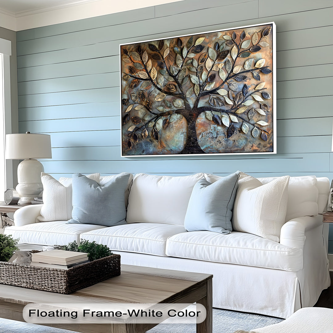 The realistic detail of this Tree of Life canvas painting showcases sculptural, metallic-toned leaves and a textured trunk, creating a captivating 3D botanical wall art.