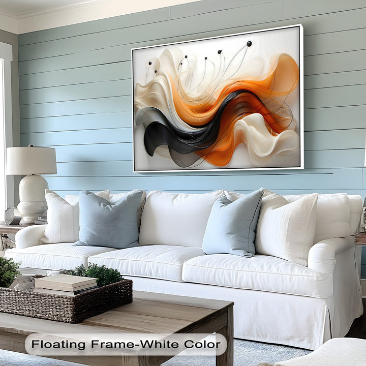 Horizontally oriented, rectangular canvas artwork featuring abstract flowing ribbon forms in dynamic orange, black, and cream swirls with monochromatic accents.