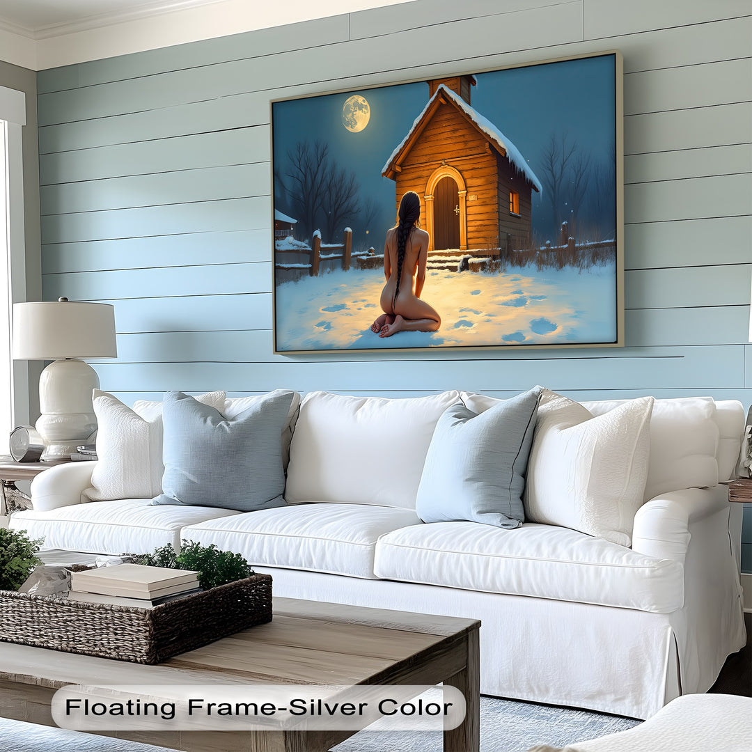Moonlit Prayer – Sensual Nude in Snowy Night Erotic Canvas Print | Framed Art
