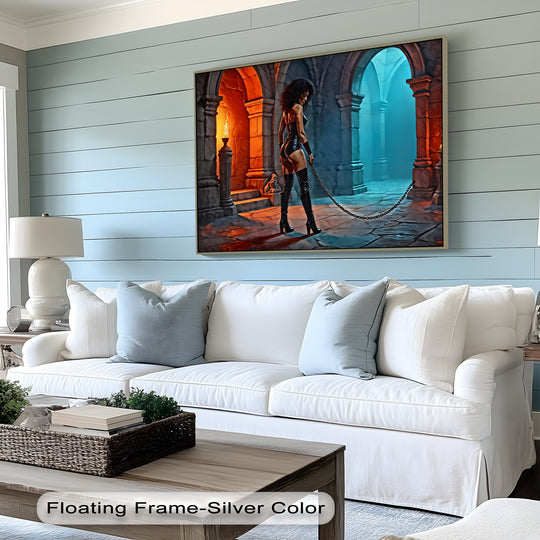 The stillness of the framed flame and frost unique canvas print offers a serene moment in a fantasy setting, hanging above a couch as a stunning piece of sexy canvas wall art.