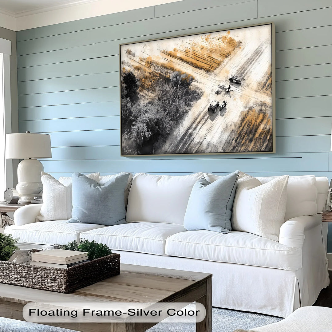 Aerial Tractor Scene in Ink & Ochre – Car Canvas Print