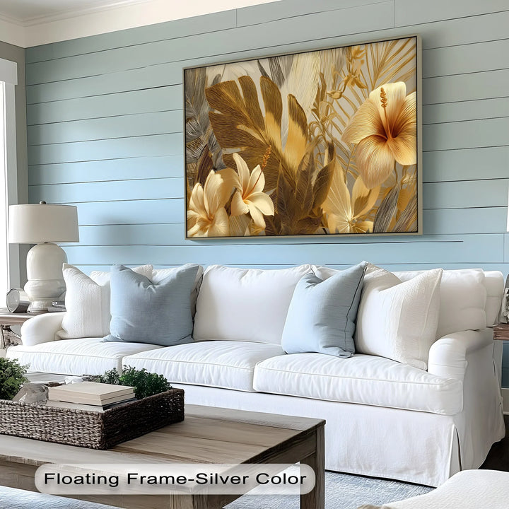 Golden Tropics with Hibiscus and Palm Leaves – Canvas Print - MyPhotoStation