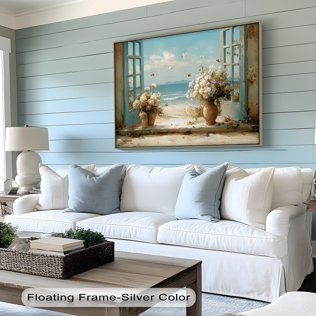 Seaside Breeze Through Blue Shutters – Coastal Floral Canvas Print