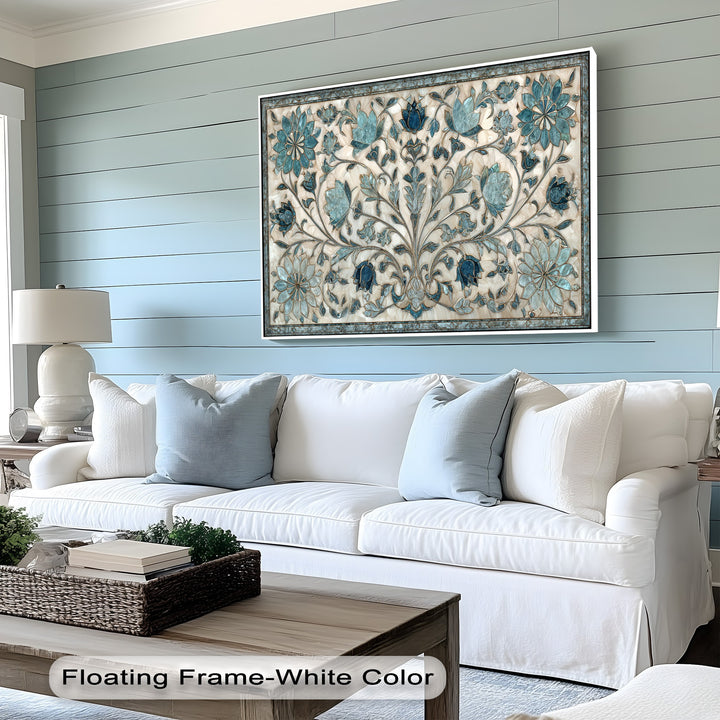 The serene light blue horizontal planked wall provides a tranquil background for the elegant Blue Floral Ornament canvas pictures.