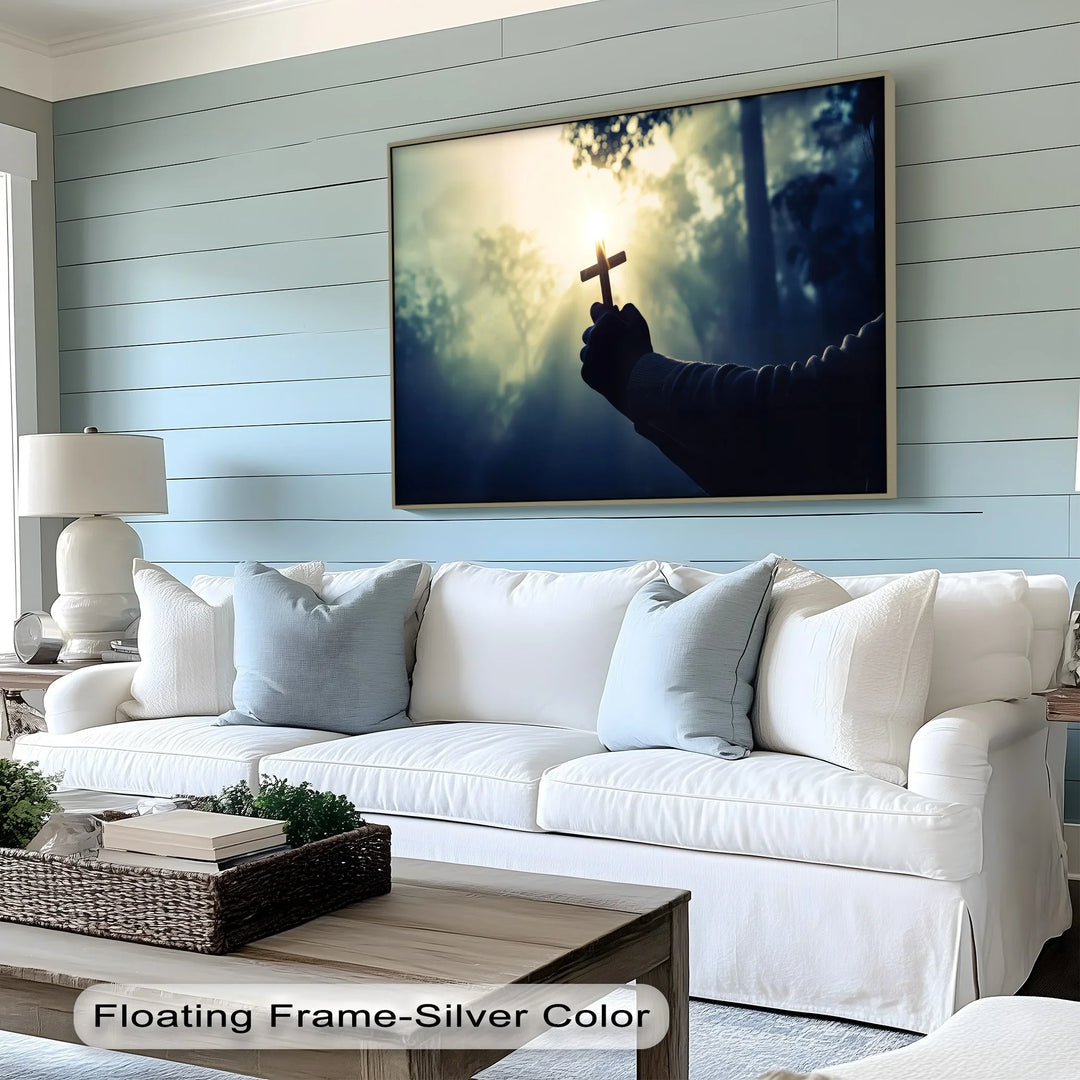 Faith in the Light – Hand Holding Cross in Sunrise Canvas Print