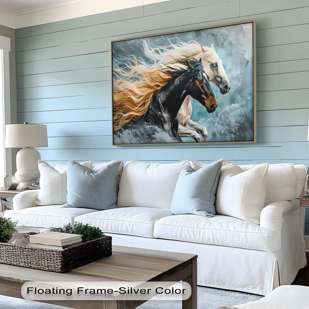 Tempest Charge – Black and White Stallions Abstract Canvas Print