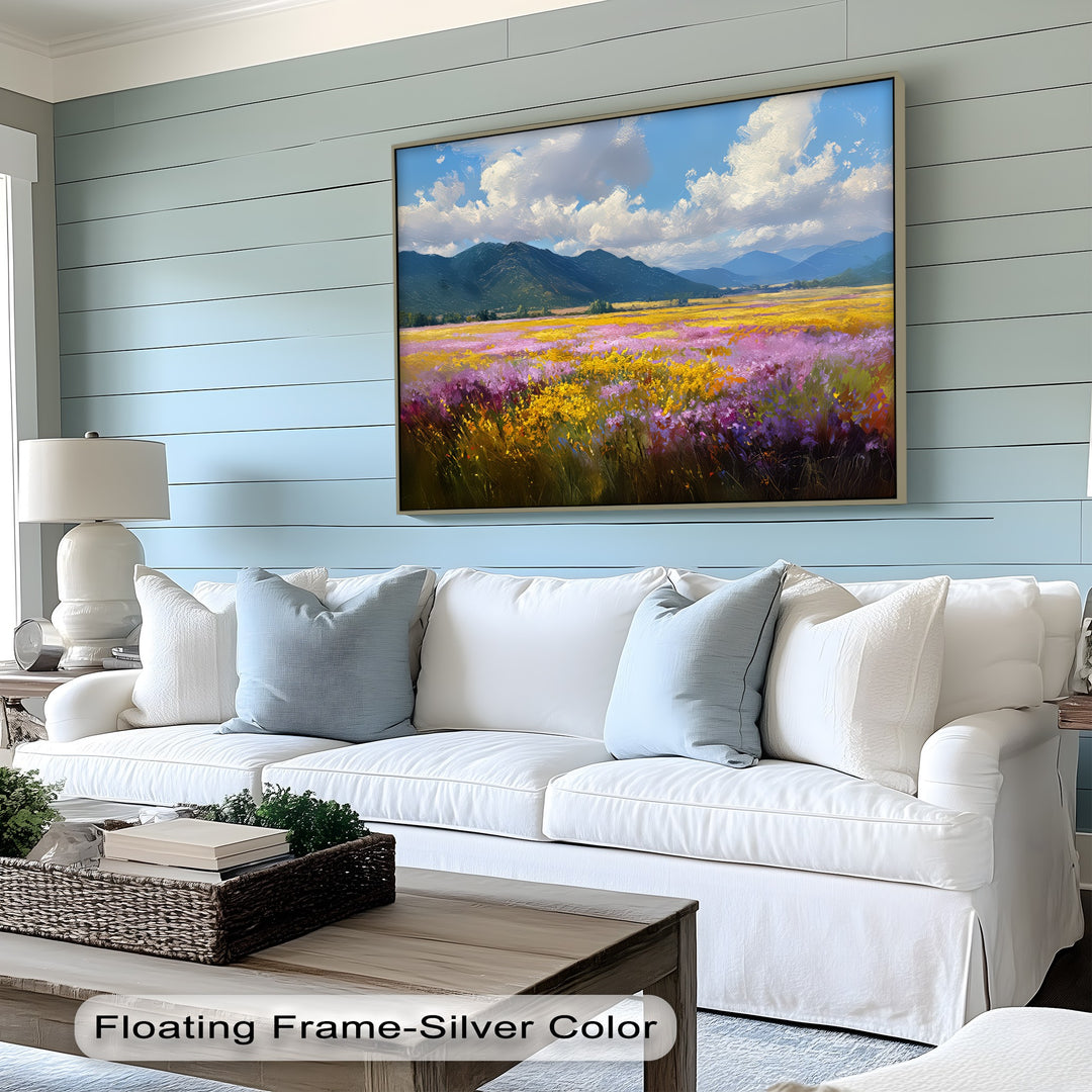 Valley Bloom – Wildflower Field and Mountain Landscape Canvas Print