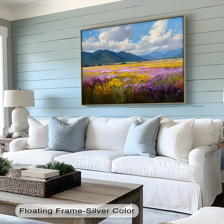 Valley Bloom – Wildflower Field and Mountain Landscape Canvas Print