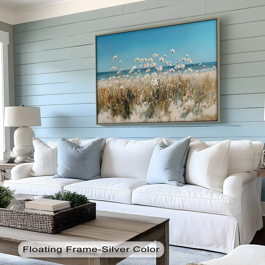 Seaside Serenity – White Wildflowers by the Shore Canvas Print