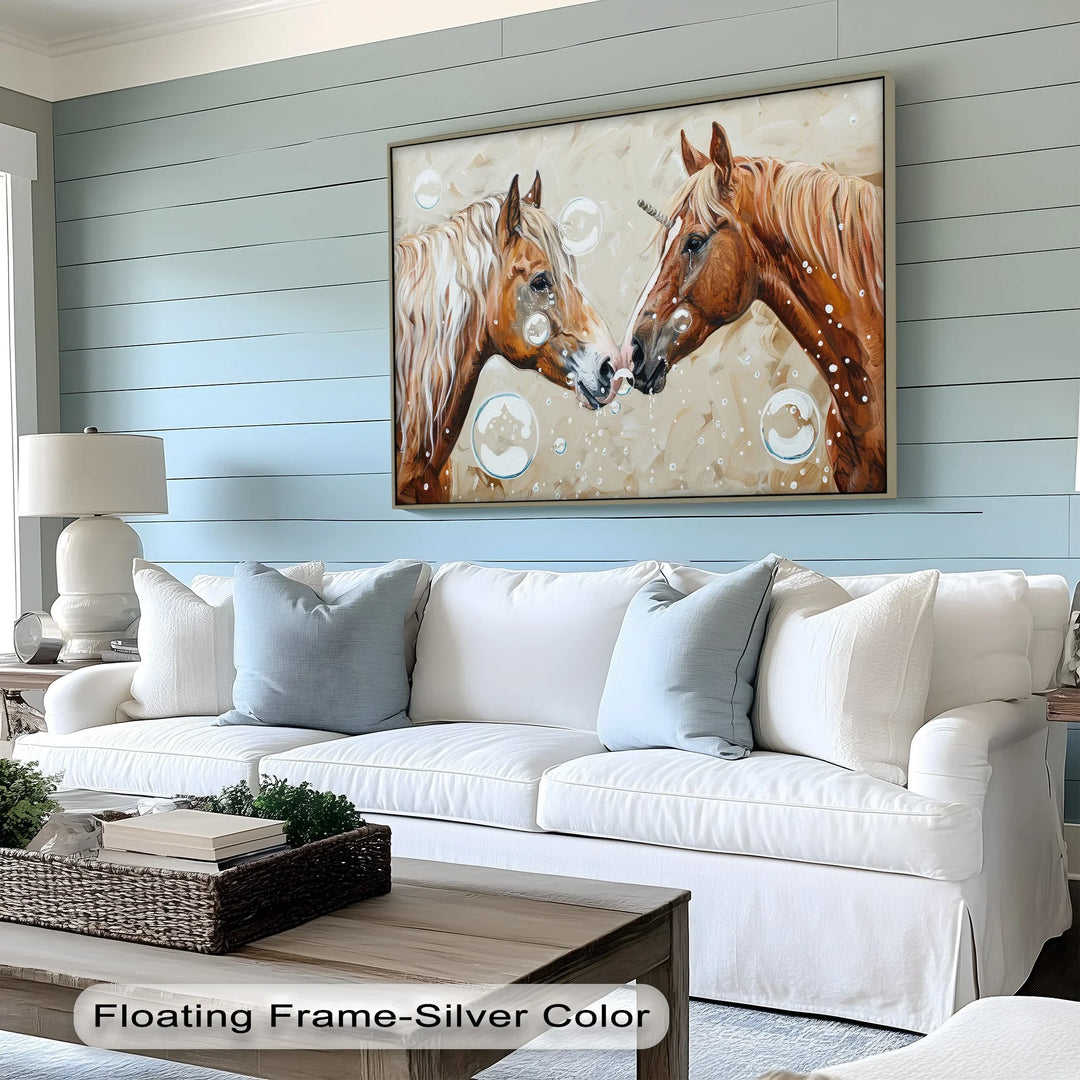Bubble-Kissed Companions – Playful Unicorn Love Canvas Print - MyPhotoStation