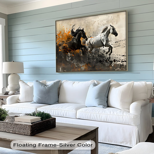 Dynamic, black and white horses in abstract motion seemingly burst from this high quality canvas prints, conveying the speed and power of galloping stallions.