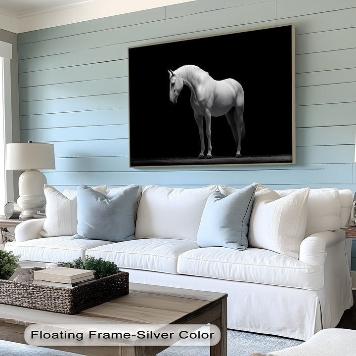 White Horse on Black Background Minimalist - Horse Canvas Print