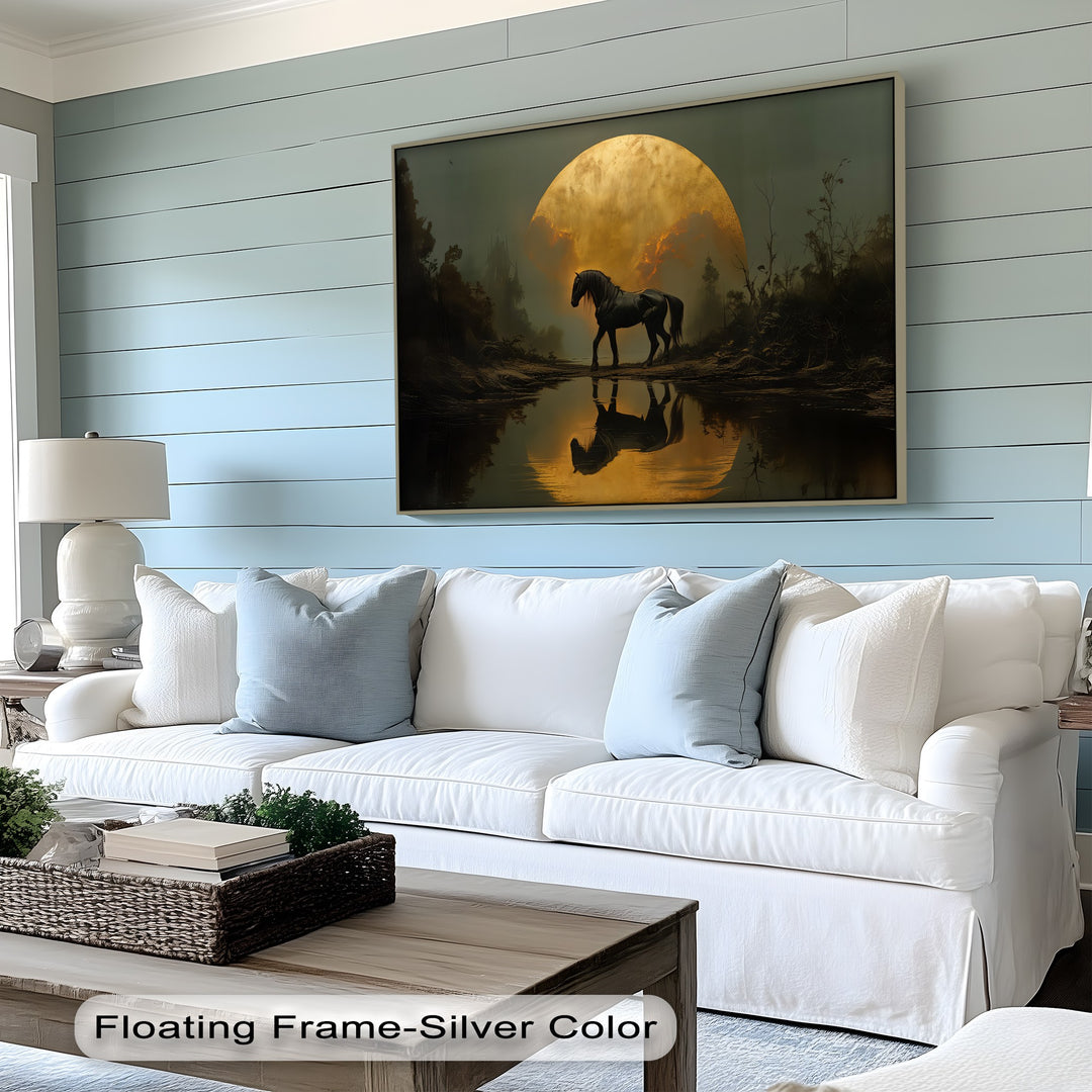 Eclipse Majesty – Black Horse Under a Golden Moon Canvas Print