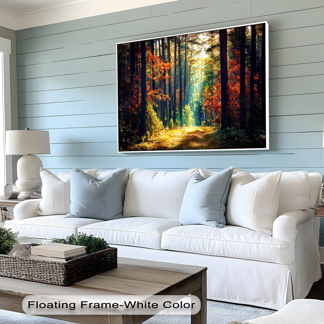 Surface textures include the big canvas prints autumn forest, soft couch fabric, and distinct horizontal shiplap walls.