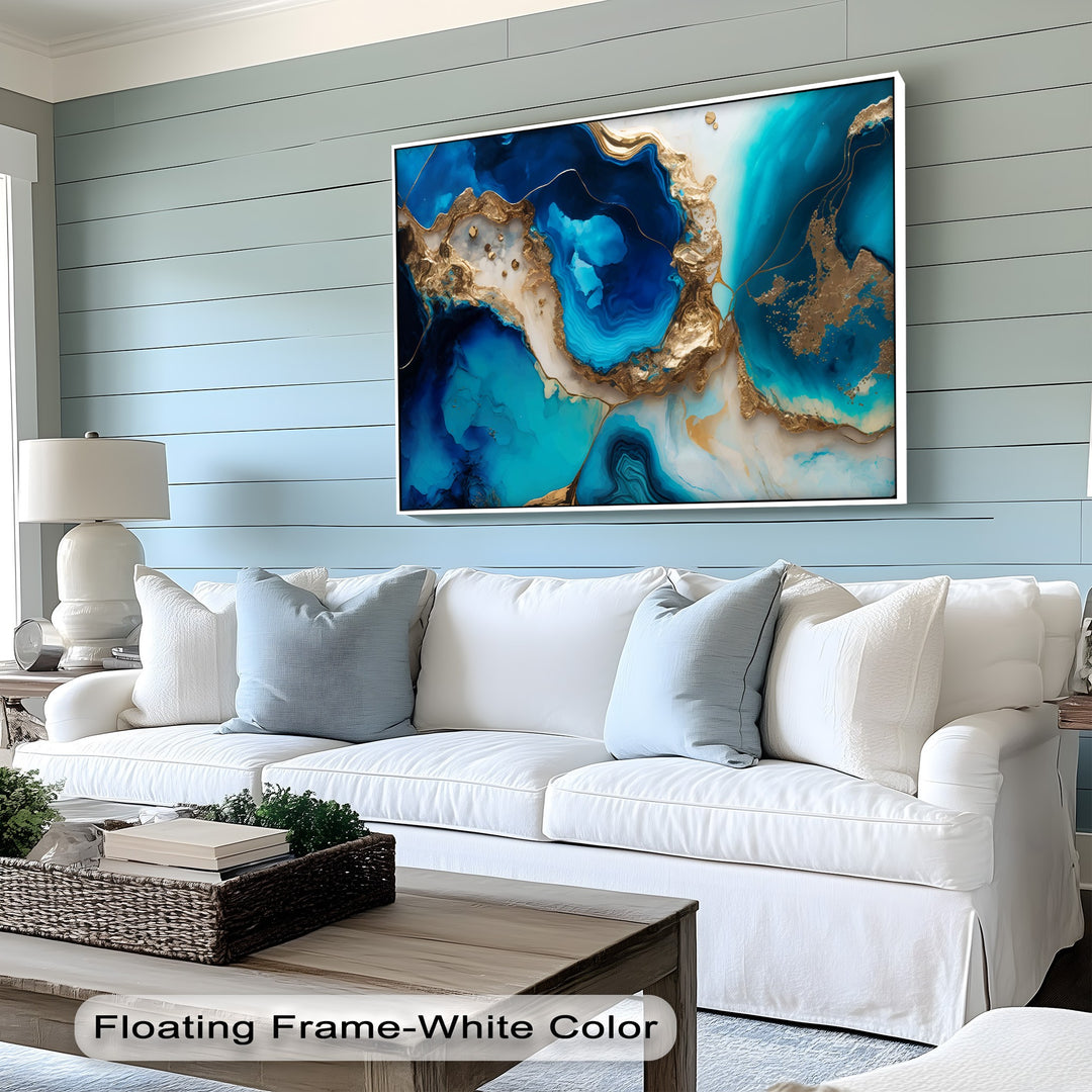 The high-quality canvas wall art features a stunning abstract design of deep blue, gold, and white agate.