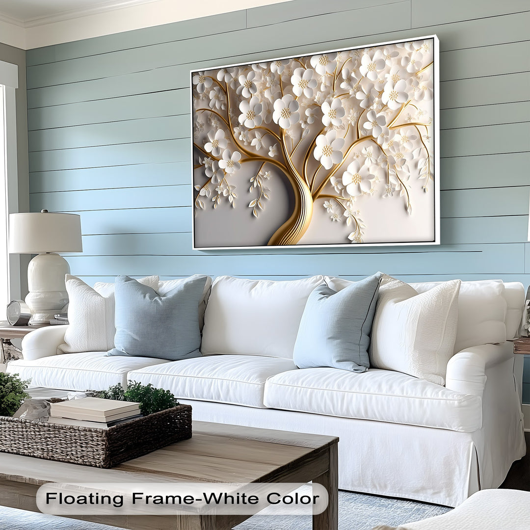 Horizontal rectangular high quality canvas prints display a luxurious gold floral white blossom tree art.