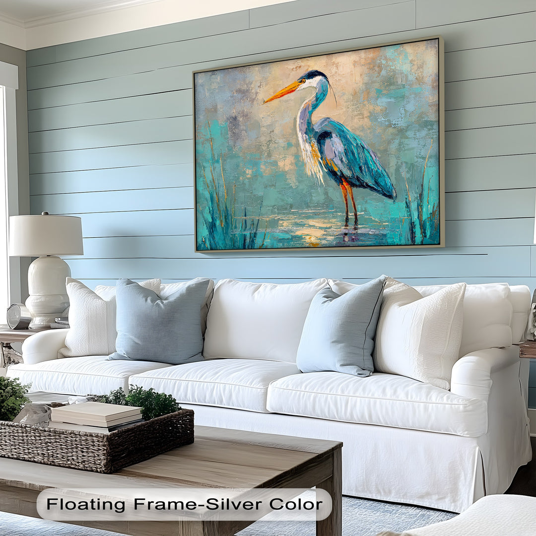 Brightest area highlights the reflective water in this high quality canvas prints depicting a blue heron, an abstract modern wildlife bird wall art.