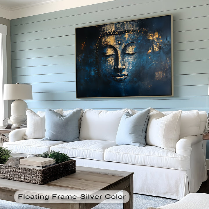 Mystic Serenity – Golden Buddha Face on Midnight Blue Canvas Print
