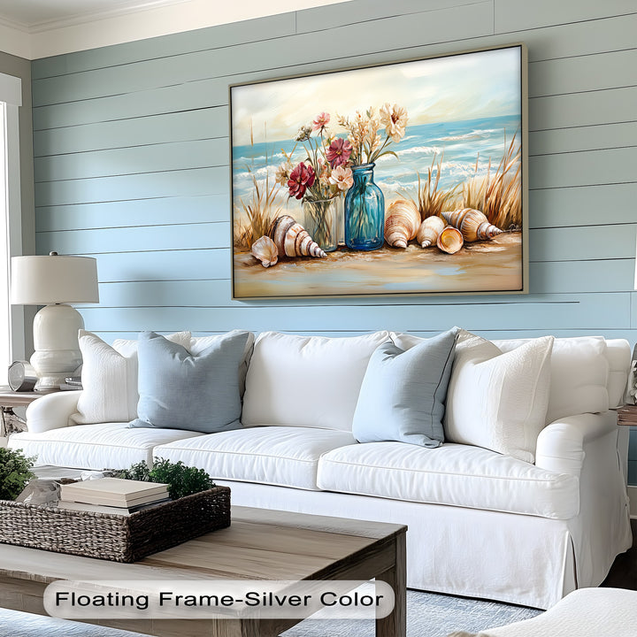 Seaside Serenity – Floral and Seashell Still Life Canvas Print
