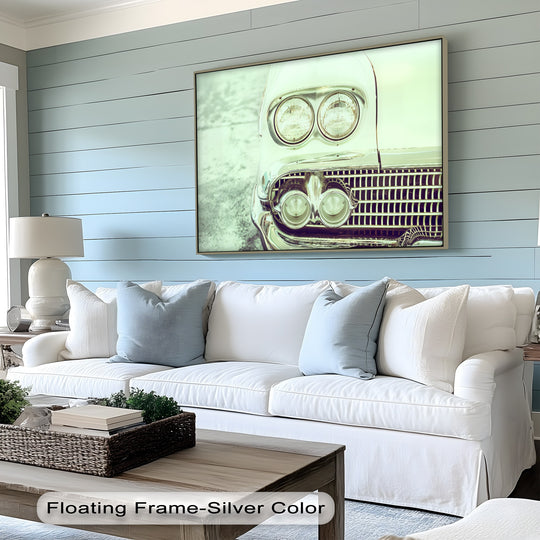 Shifting from cool turquoise on the shiplap to the soft-focus vintage car headlight close-up, this canvas wall art captures a gentle transition in color and tone.