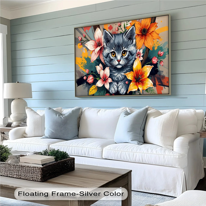 Bloom Burst – Gray Kitten with Vibrant Florals Cat Canvas Print - MyPhotoStation