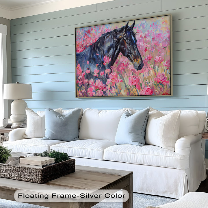 Blossom Drift – Black Horse in Pink Field Canvas Print