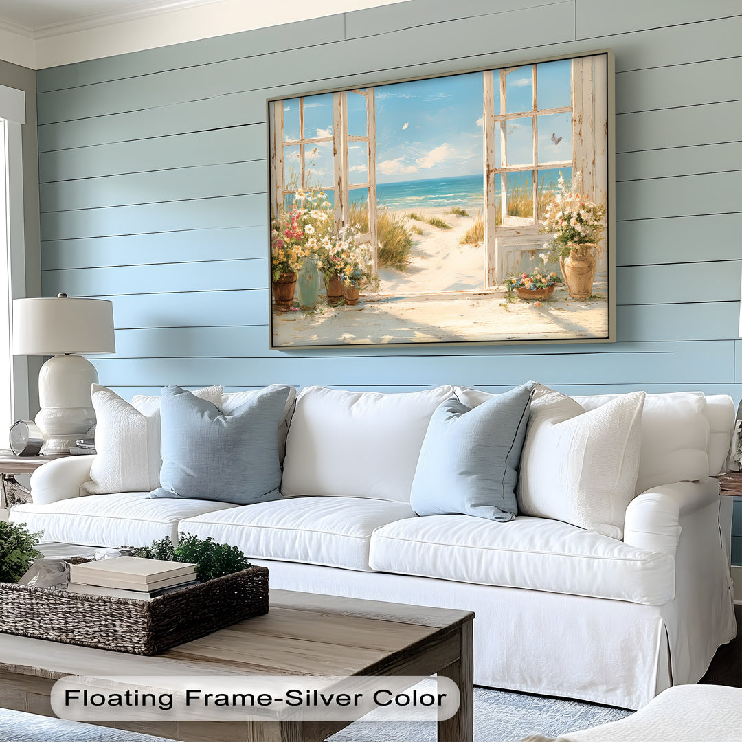 Seaside Serenity – Open Window to Coastal Bloom Canvas Print