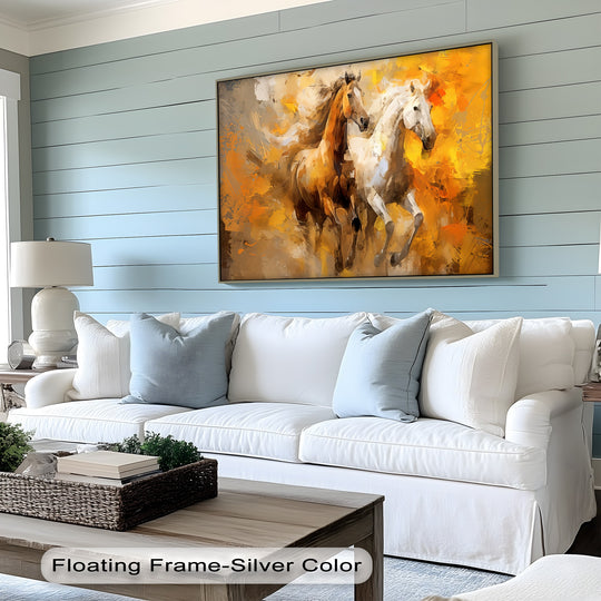 Canvas wall art galloping horses through amber and gold light and horse canvas print adding warmth and motion