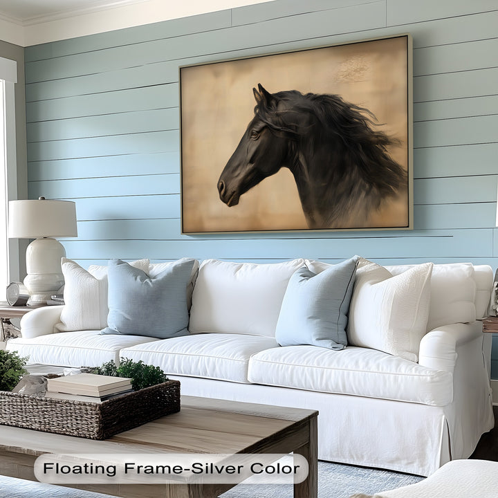 Silent Majesty – Black Horse Portrait on Warm Beige Canvas Print