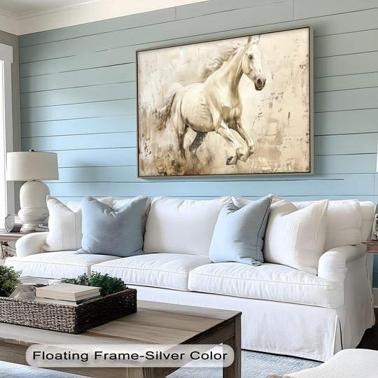 Canvas wall art cream stallion abstract with golden tones and fluid brushwork and horse wall art perfect for interior decoration