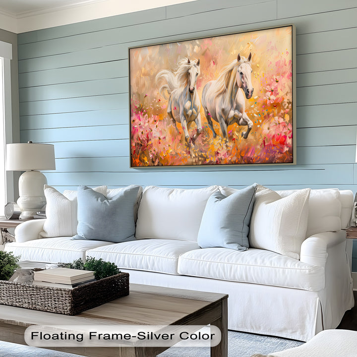 Wild Blossom Run – White Horses Among Petals Canvas Print